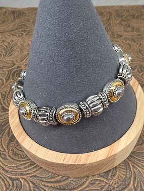 Vintage Two-Tone Silver and Gold Link Beaded Hidden Magnetic Clasp Bracelet